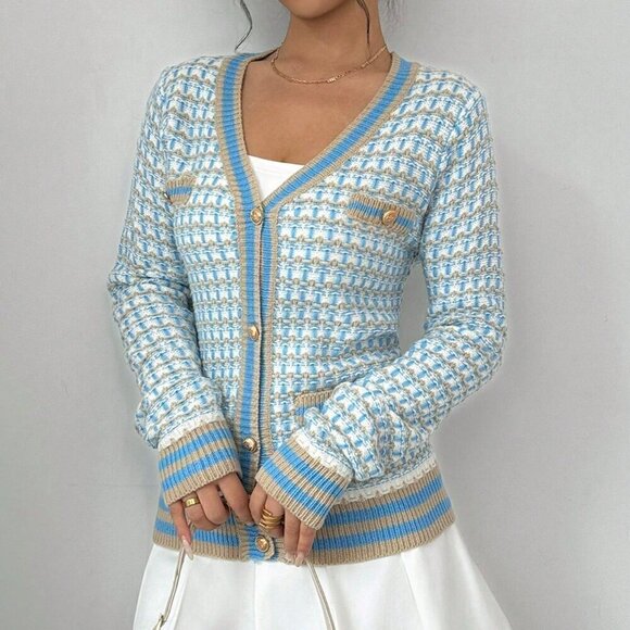 Light Blue Casual Women's Contrast Color Casual Long Sleeve Cardigan - Picture 1 of 5